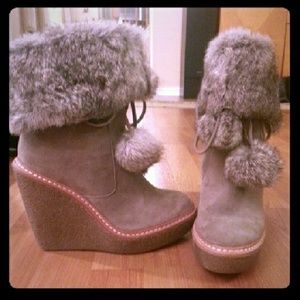 ASH Beige Suede Fur Wedge Boots